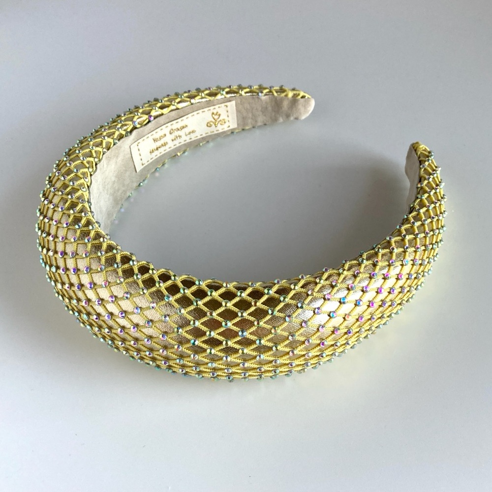 Gold Padded 1.5” Headband with Rhinestone-Adorned Mesh Overlay Handmade